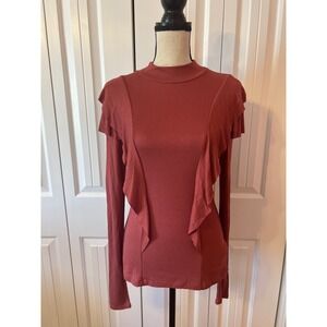 No Less Than Womens Rust Ribbed Mock Neck Ruffle Long Sleeve Top NLT-T174 Size M